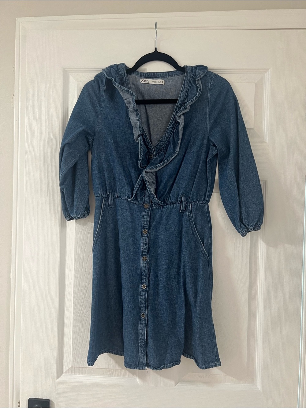 Zara Denim Ruffled V-Neck Button Dress